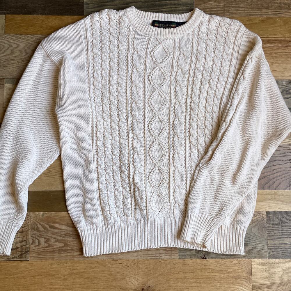 New River Vintage 90s Men's XL Cream Cable Knit Ramie Cotton Sweater